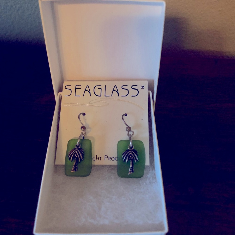 NWT Boutique Earrings. Handcrafted sea glass and palm trees design. SS. Made USA